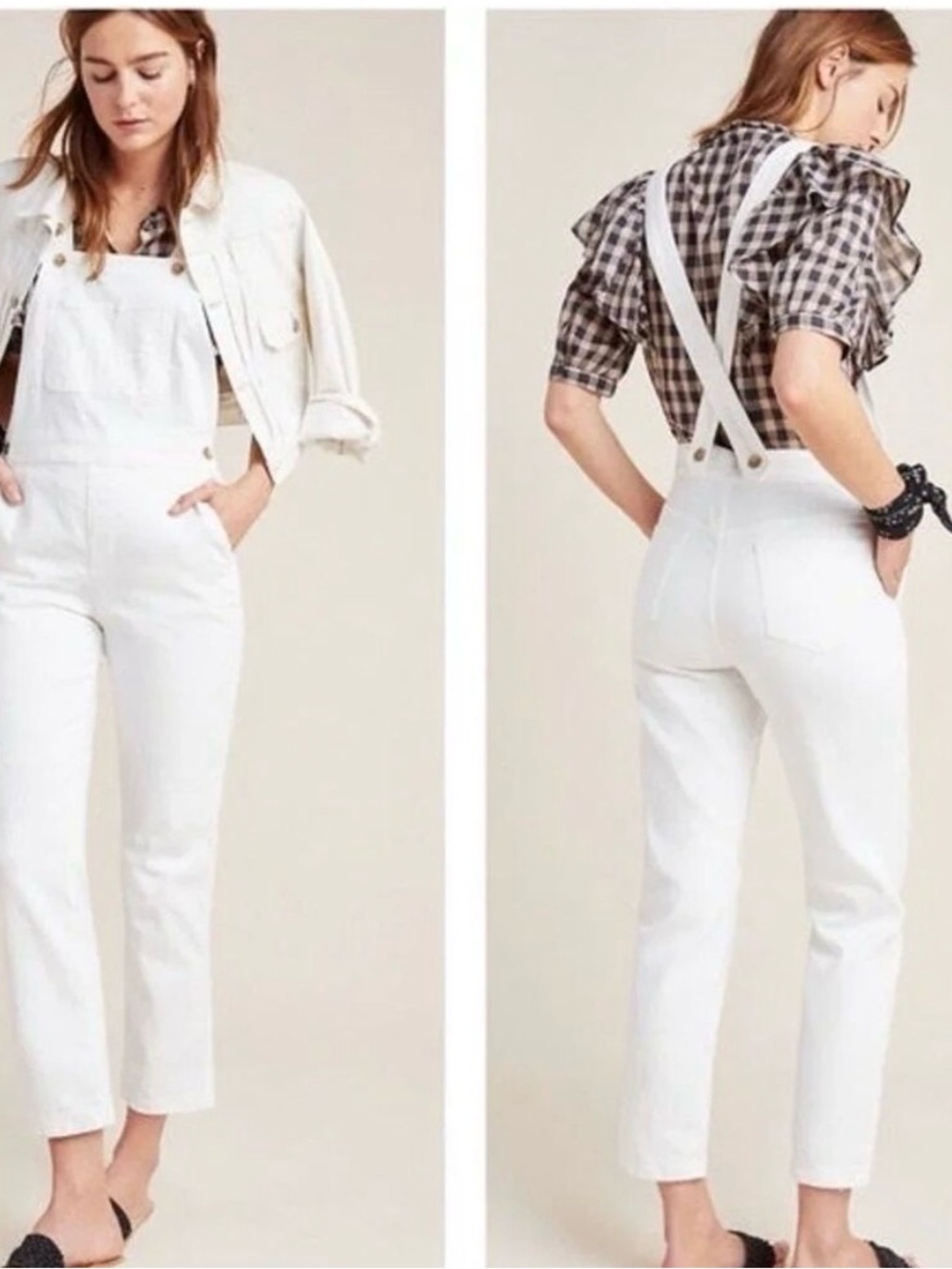 Pilcro White Denim Overalls with Crossback Straps